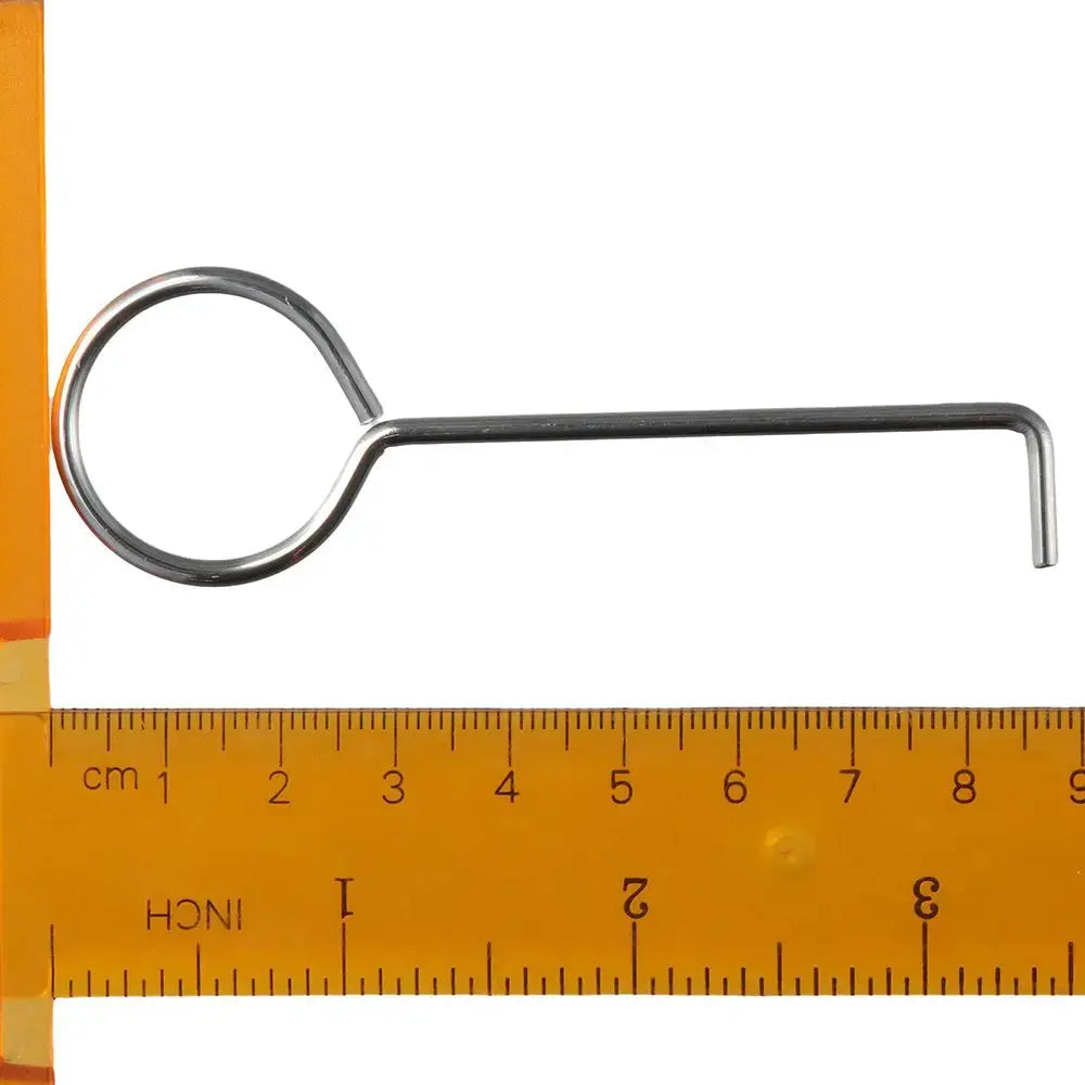 Stainless steel drain key lifting hook with circular ring handle and straight shaft, shown beside a ruler for scale