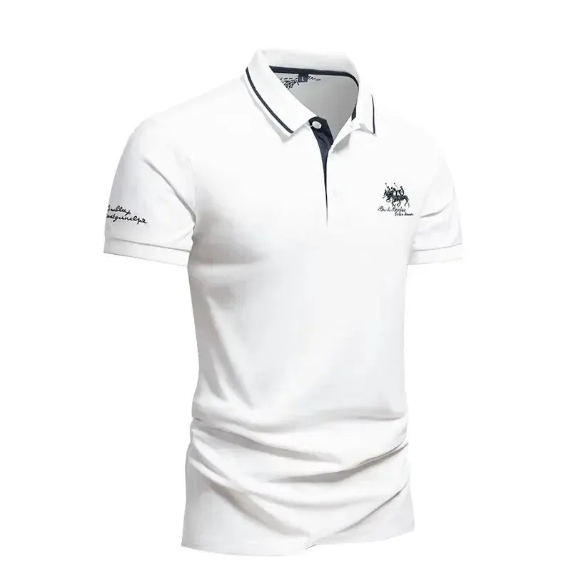Men's white short-sleeve polo shirt with navy collar trim and embroidered chest crest, Simples Market.