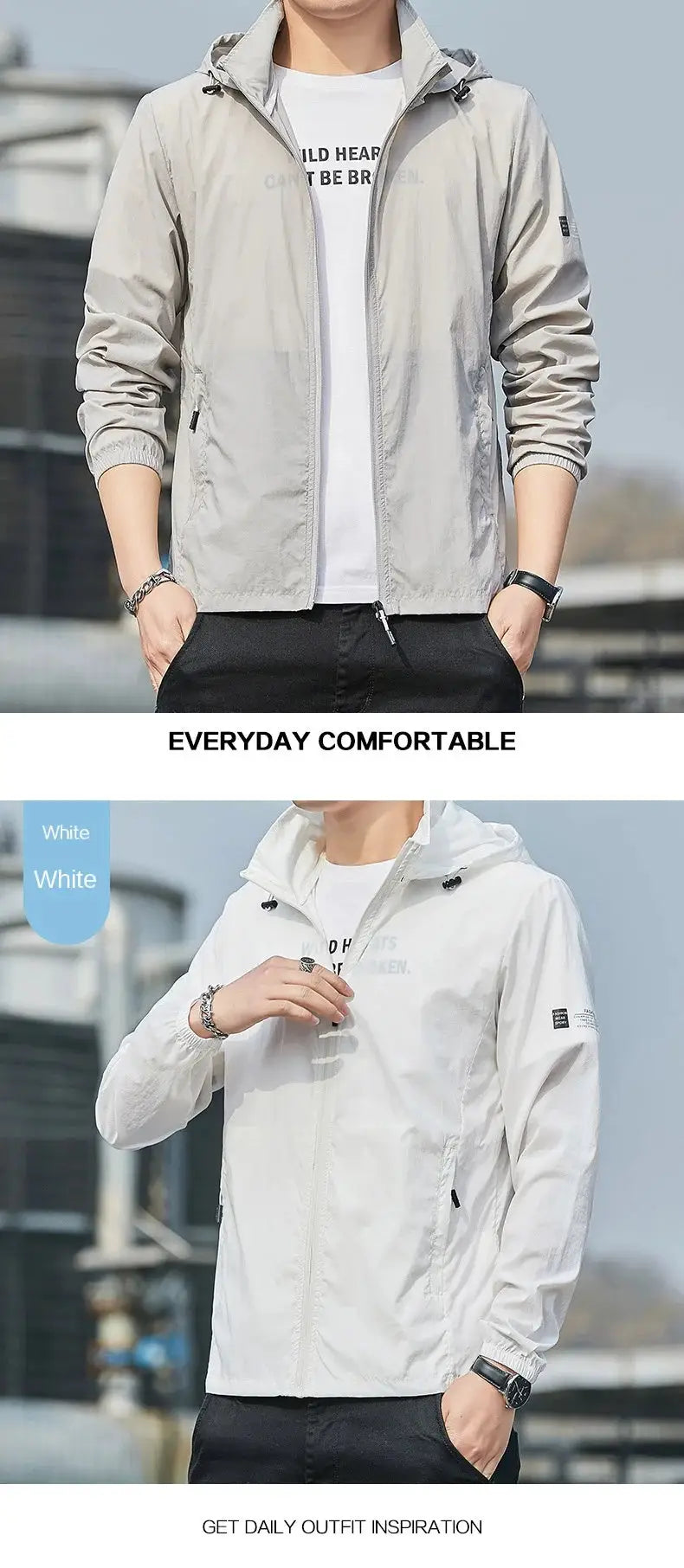 Simples Market hooded waterproof windbreaker jacket, gray/white colorways, quick-dry sun-protection for men and women