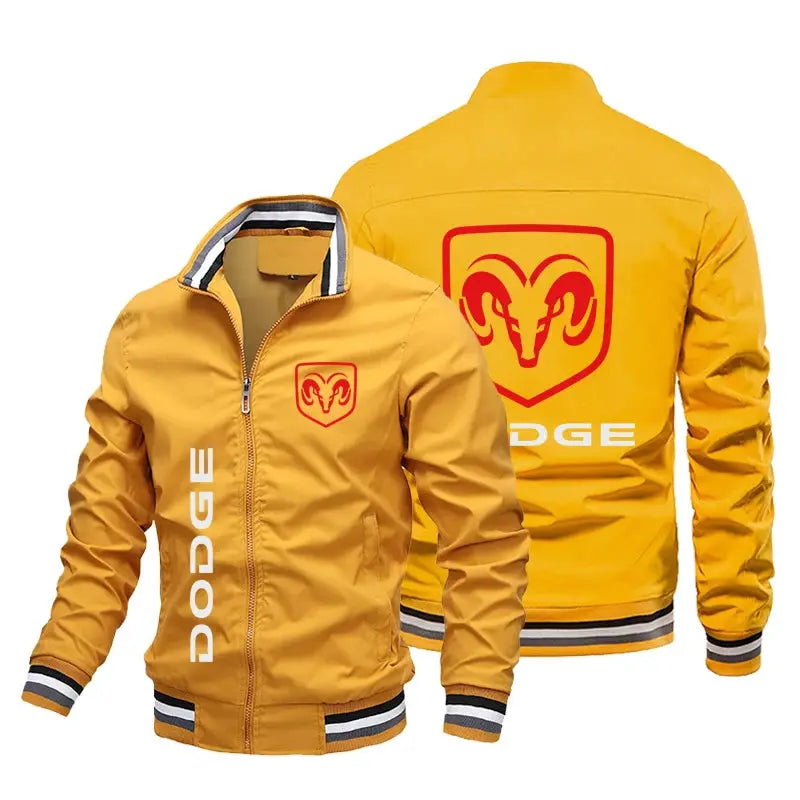 Yellow Dodge bomber jacket with front zip, Dodge lettering on chest and ram crest on back, striped cuffs.