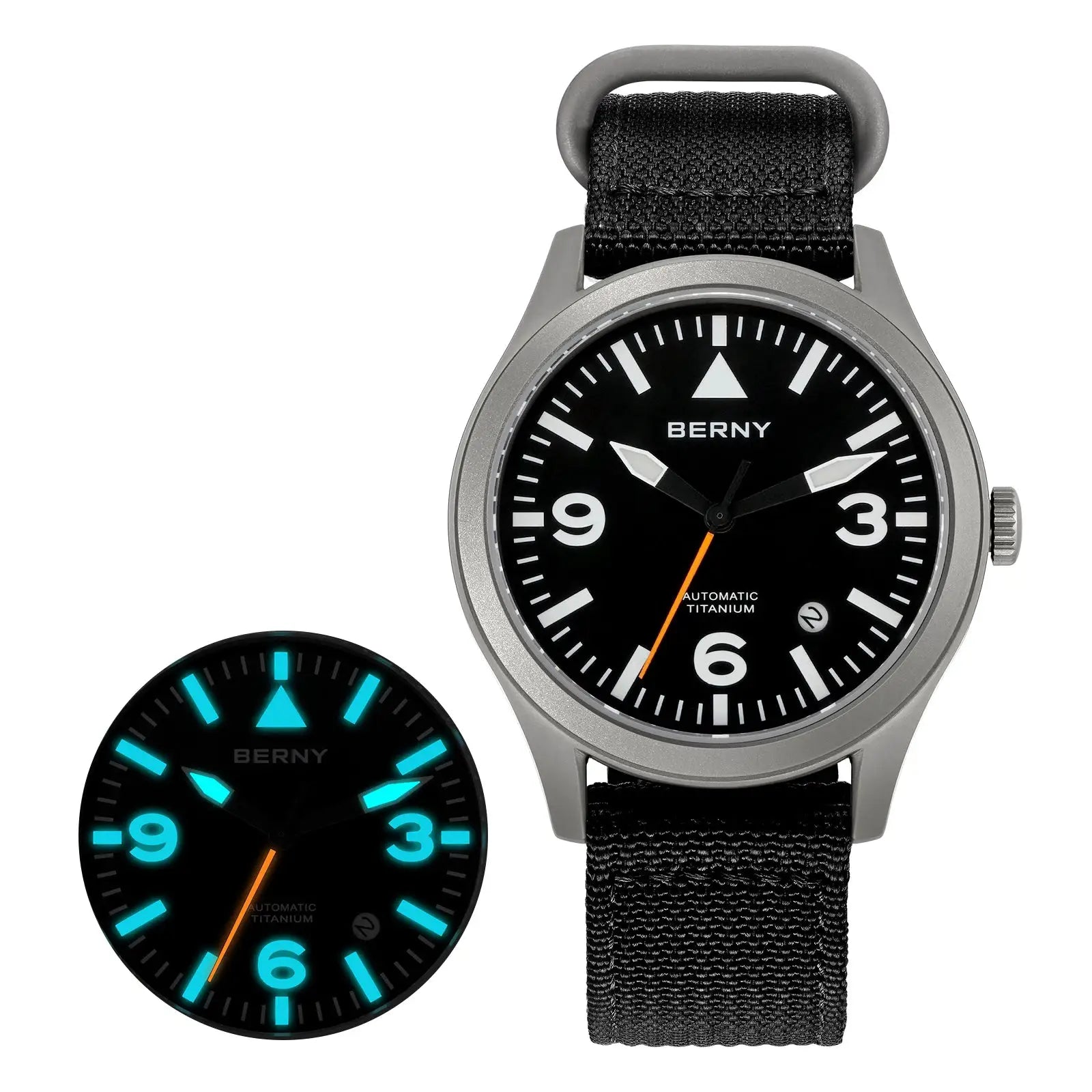 Two BERNY aviation titanium mechanical watches with black dials and luminous markers, orange second hand