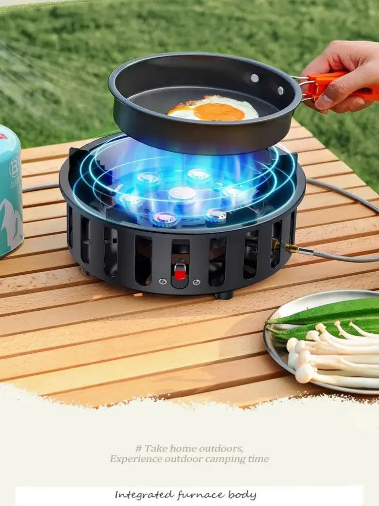 Simples Market windproof portable camping stove with 7-core burner and electronic ignition, black body and blue flame.