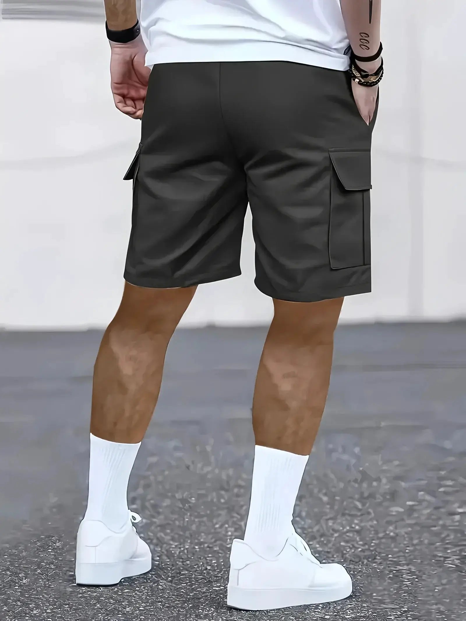 Men's work shorts with side cargo pockets in dark gray, elastic waistband.