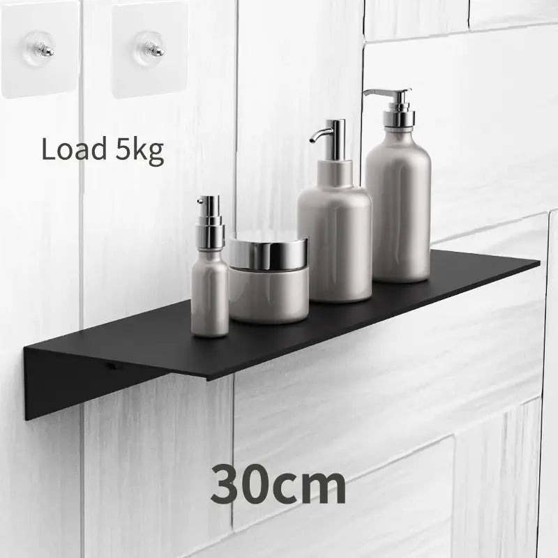 Floating bathroom shelf 30cm black, wall-mounted without drilling; supports up to 5kg.