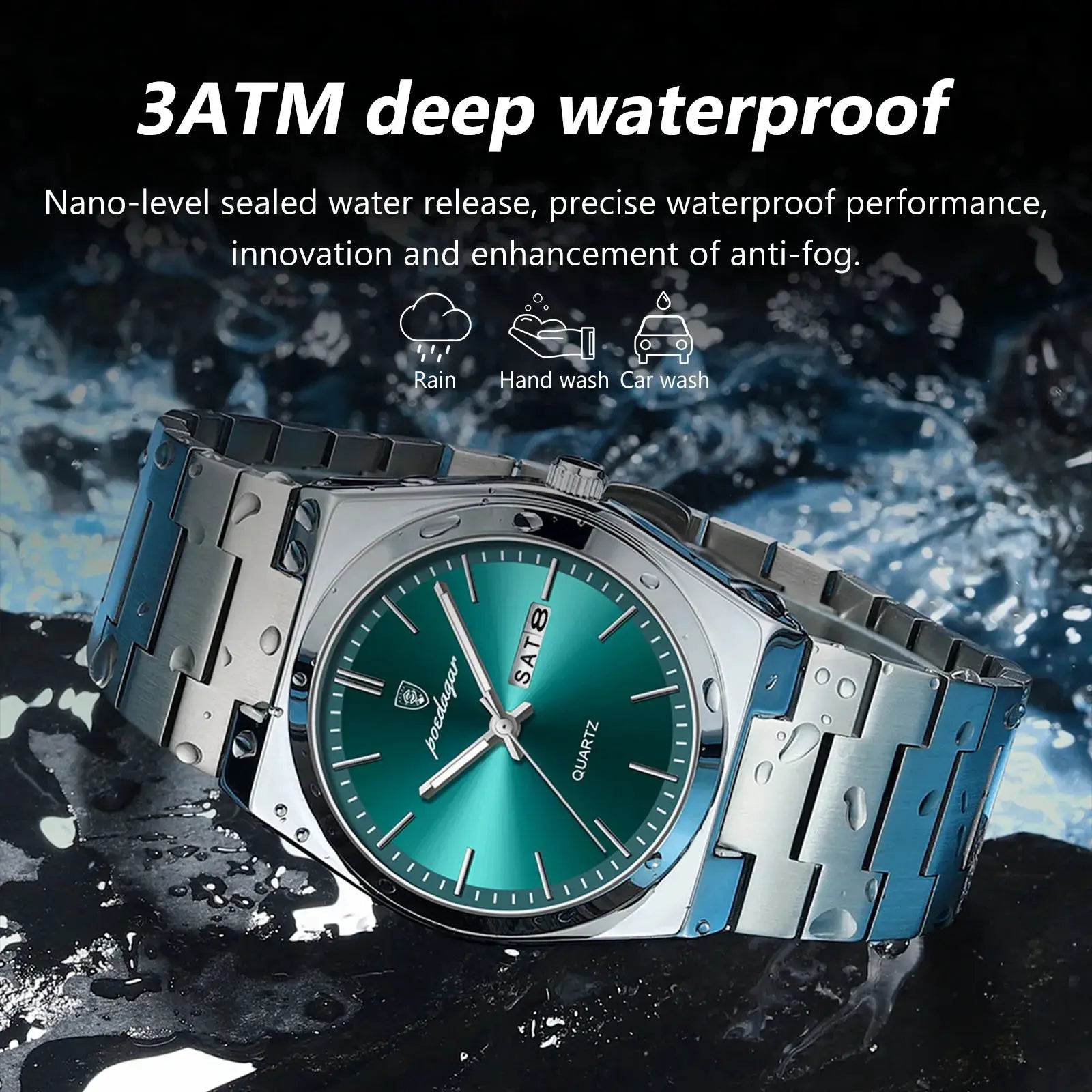 POEDAGAR men's stainless steel wristwatch with teal dial, quartz movement, 3ATM waterproof