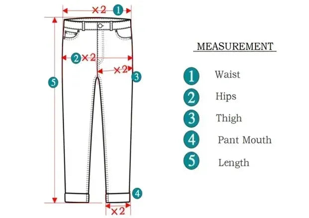 Simples Market men's pure cotton slim straight casual pants; measurement diagram shows waist, hips, thigh, and length.