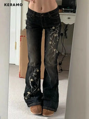 Weekeep Floral Embroidery Jeans Y2K Vintage Low Rise Flared Denim