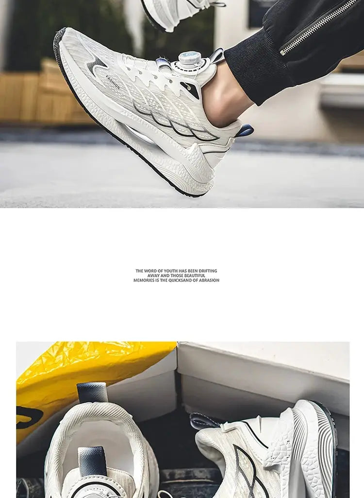 Men's breathable mesh running shoes, white/cream with rotating buckle, versatile for outdoor and daily wear