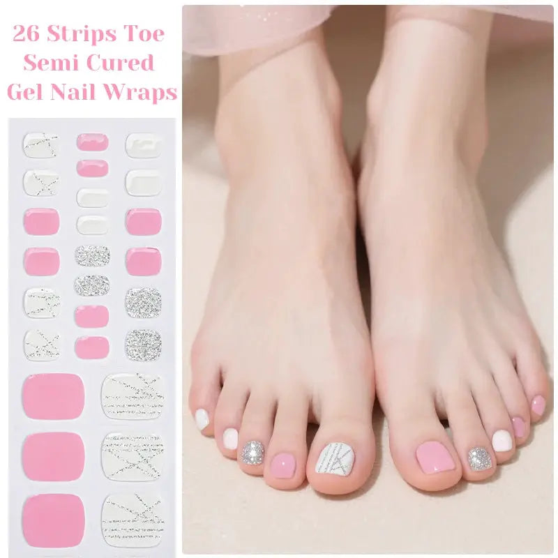 Simples Market gradient auroras gel nail strips; pink, white with silver glitter accents, 26 strips.
