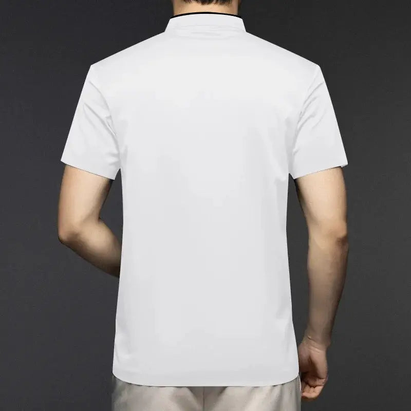 Men's white polo shirt with short sleeves and stand-up collar, back view.