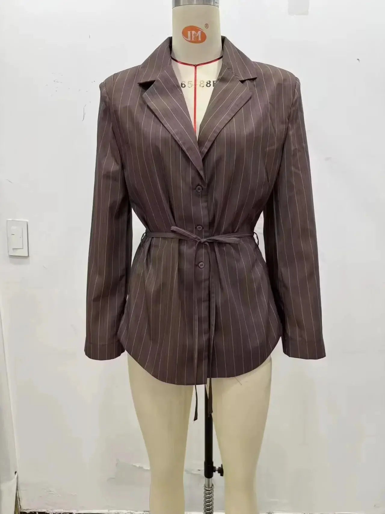 KONDALA brown pinstripe blazer with waist belt, single-breasted office suit jacket for women, Simples Market