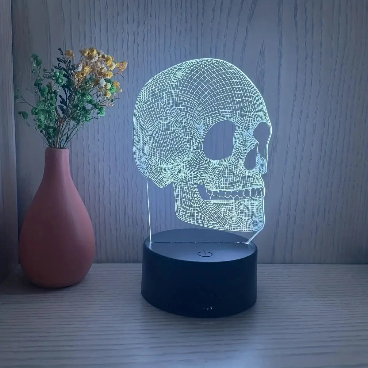 Skull 3D USB night light by Simples Market, blue glow, Halloween decor lamp