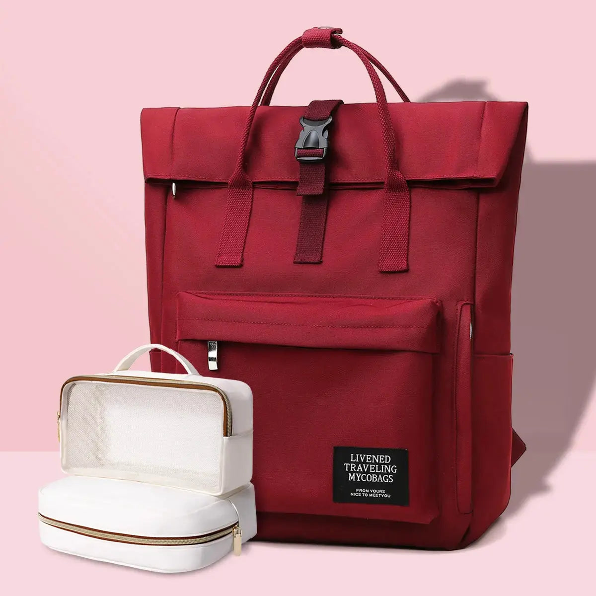 Simples Market red schoolbag backpack, large-capacity 14-inch laptop bag for women, with front pocket and two pouches