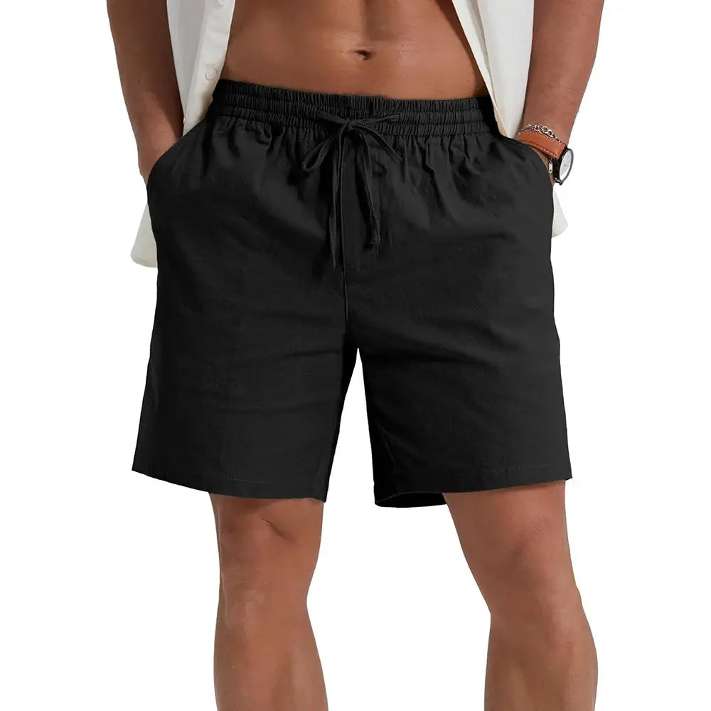 Men's black lightweight casual shorts with drawstring waist and side pockets