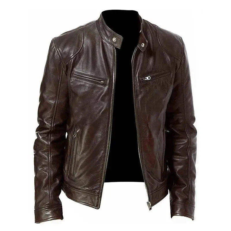 Men's brown PU leather motorcycle jacket, slim fit with zip pockets and stand collar