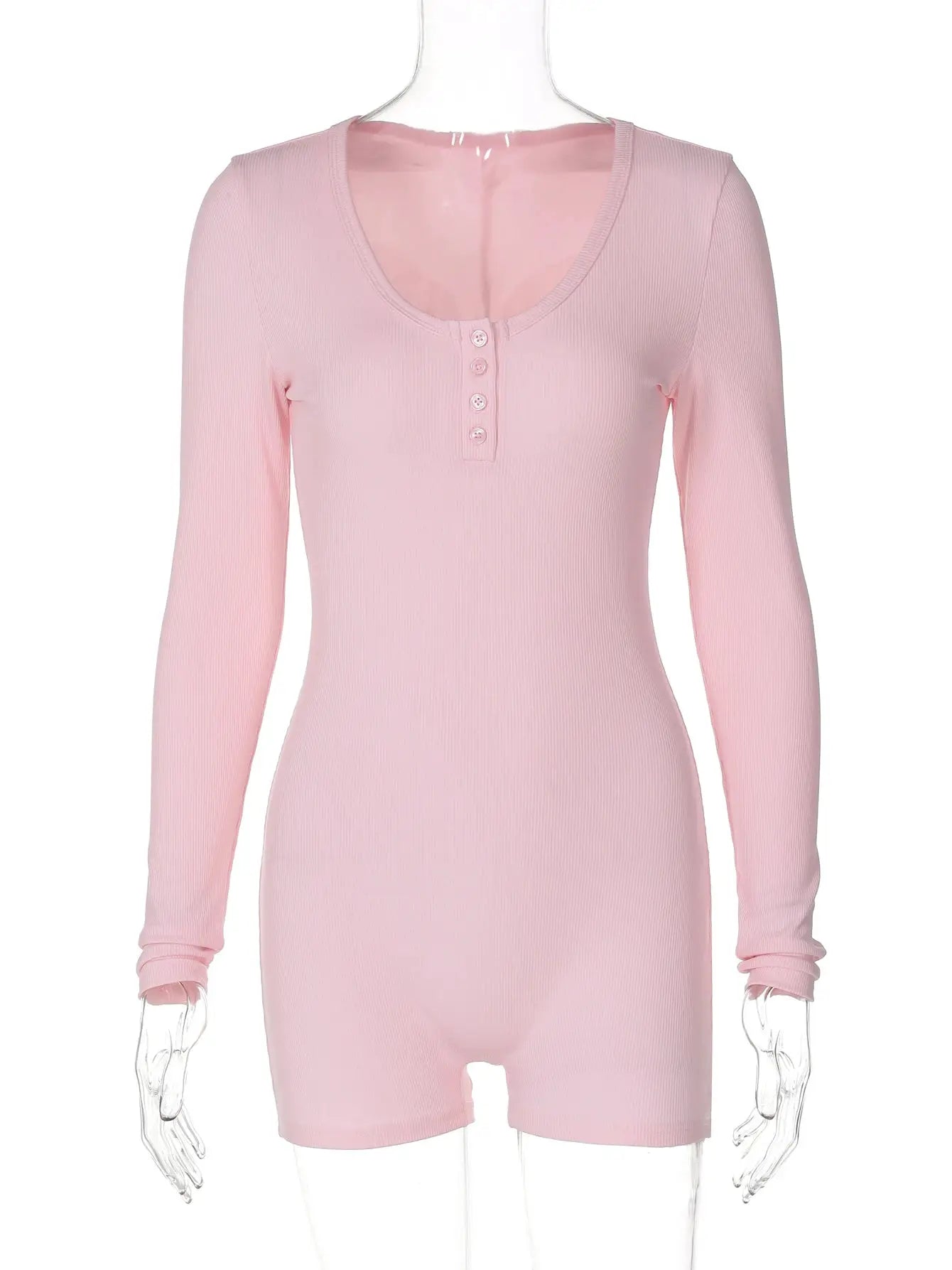 Hugcitar pink ribbed long-sleeve playsuit romper with button placket, bodycon fit, Simples Market