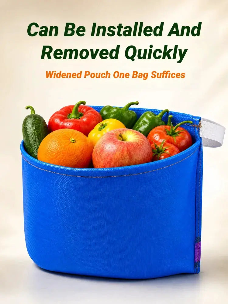 Blue waterproof waist harvest bag for picking fruits and vegetables, filled with oranges, apples, peppers and cucumber.