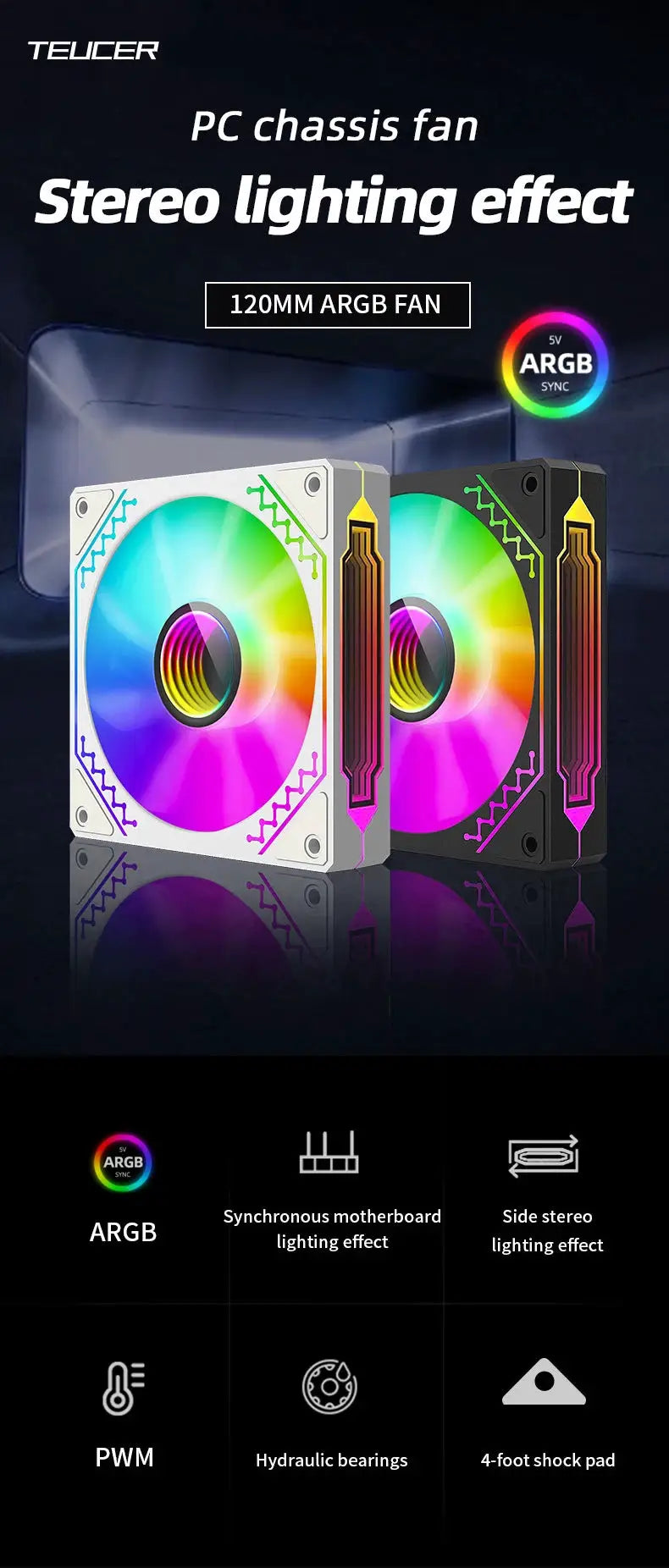 TEUCER 120mm ARGB PC case fans, two units in white and black with rainbow lighting, PWM 5V 3-pin