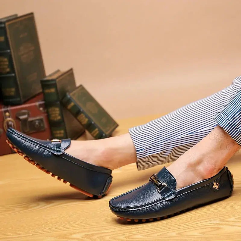 YRZL men's navy blue PU leather loafers by Simples Market; slip-on driving moccasins with brown outsole, 2 shown.