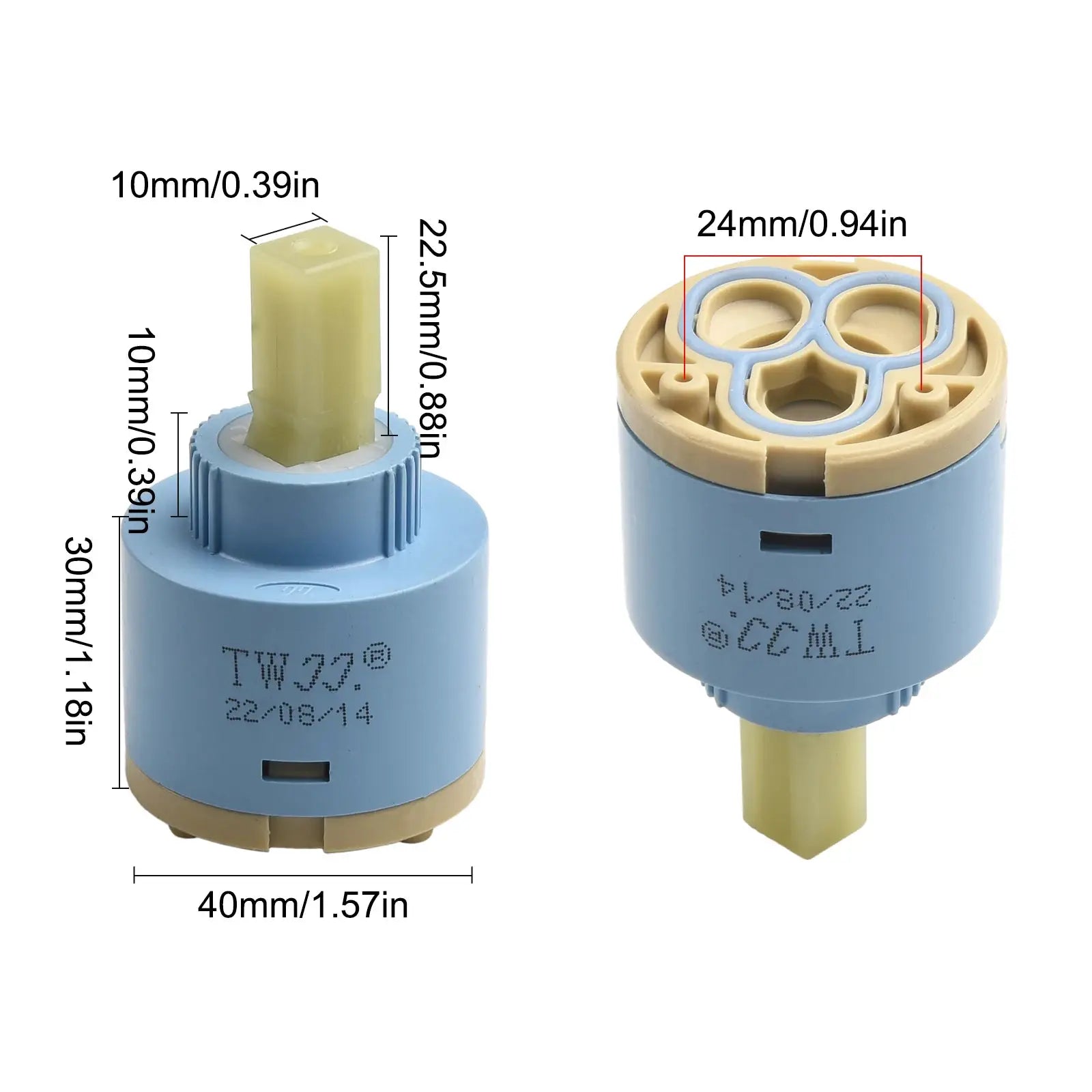 Ceramic faucet cartridge; blue housing with beige top, 40mm wide for bath/tap mixer valves
