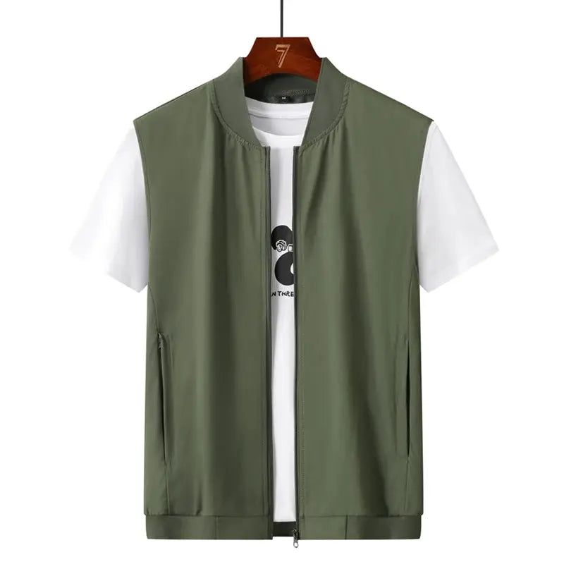 Summer ultrathin men's sleeveless vest in olive green with zip-front, breathable quick-dry fabric
