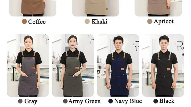 Waterproof kitchen apron from Simples Market with pockets; 7-color variety shown