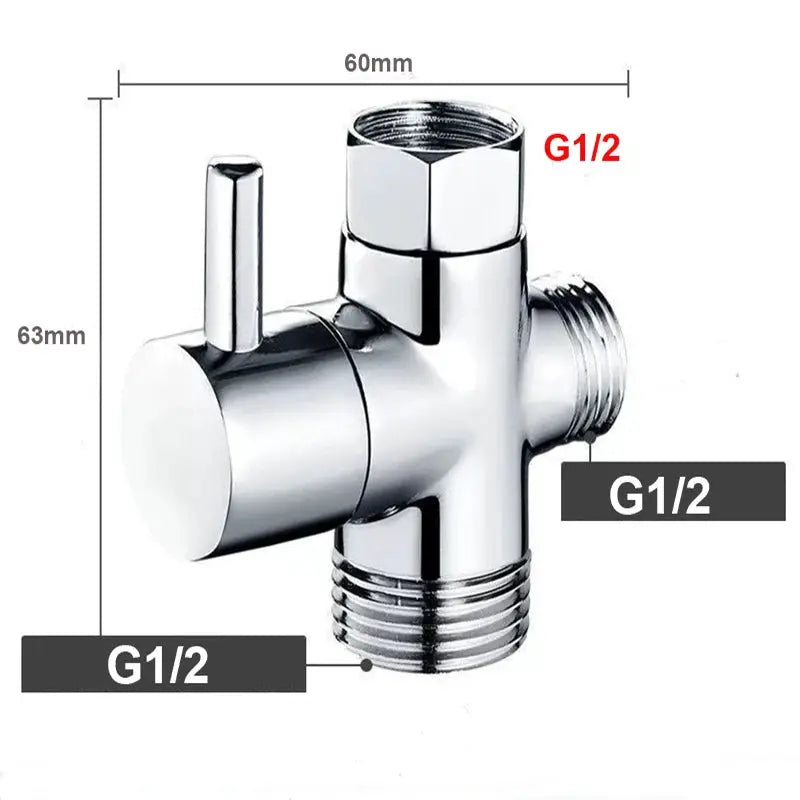 Chrome handheld bidet valve with lever and G1/2 thread fittings for toilet sprayer.
