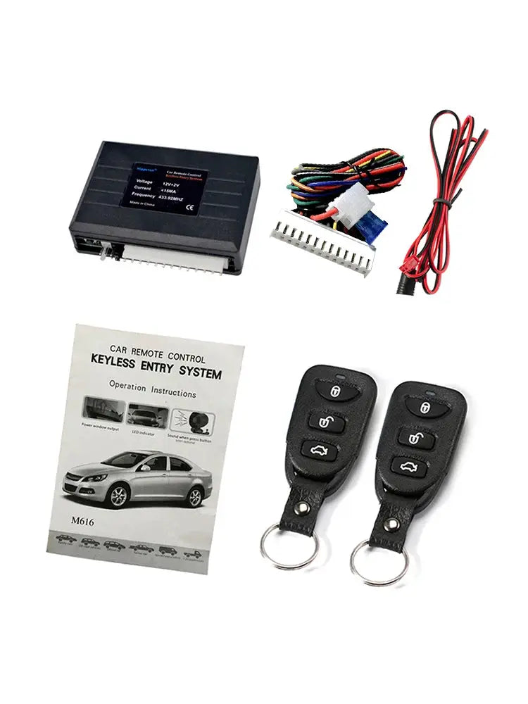 Car remote central locking kit with alarm; includes control module, wiring harness, two key fobs, manual.