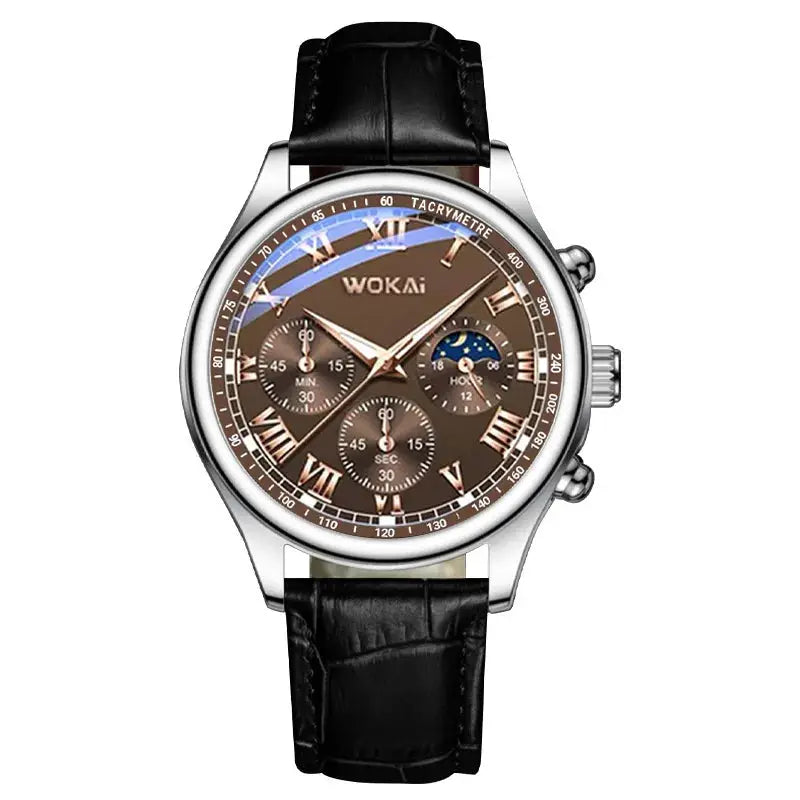 NovaLux Moon Phase Chronograph Leather Mens Watch With Luminous Hands And Complete Calendar