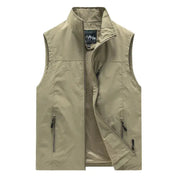 Khaki men's outdoor vest with mesh lining, zip pockets and stand collar.