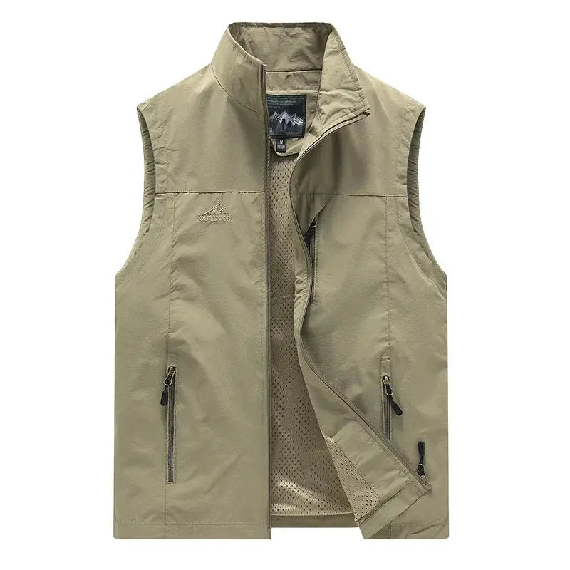 Khaki men's outdoor vest with mesh lining, zip pockets and stand collar.