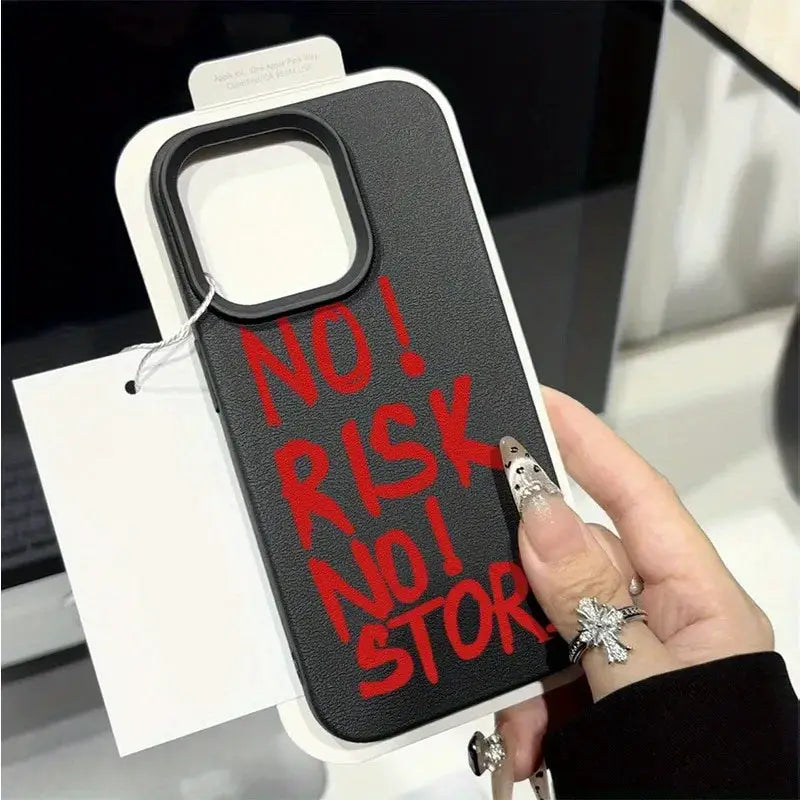 Phone case for iPhone, shockproof bumper, black back with red NO! RISK NO! STORE text by Simples Market