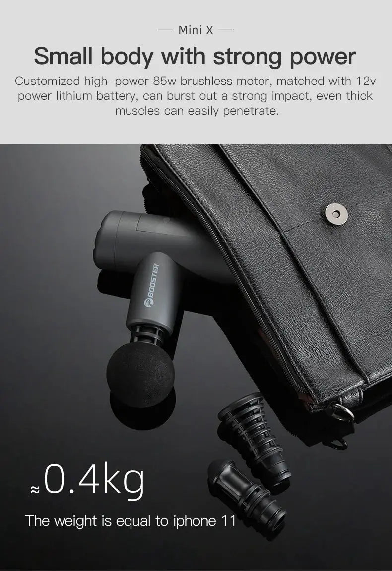 Booster Mini X massage gun by Simples Market; grey handheld percussion massager with attachments, 0.4 kg, portable bag.