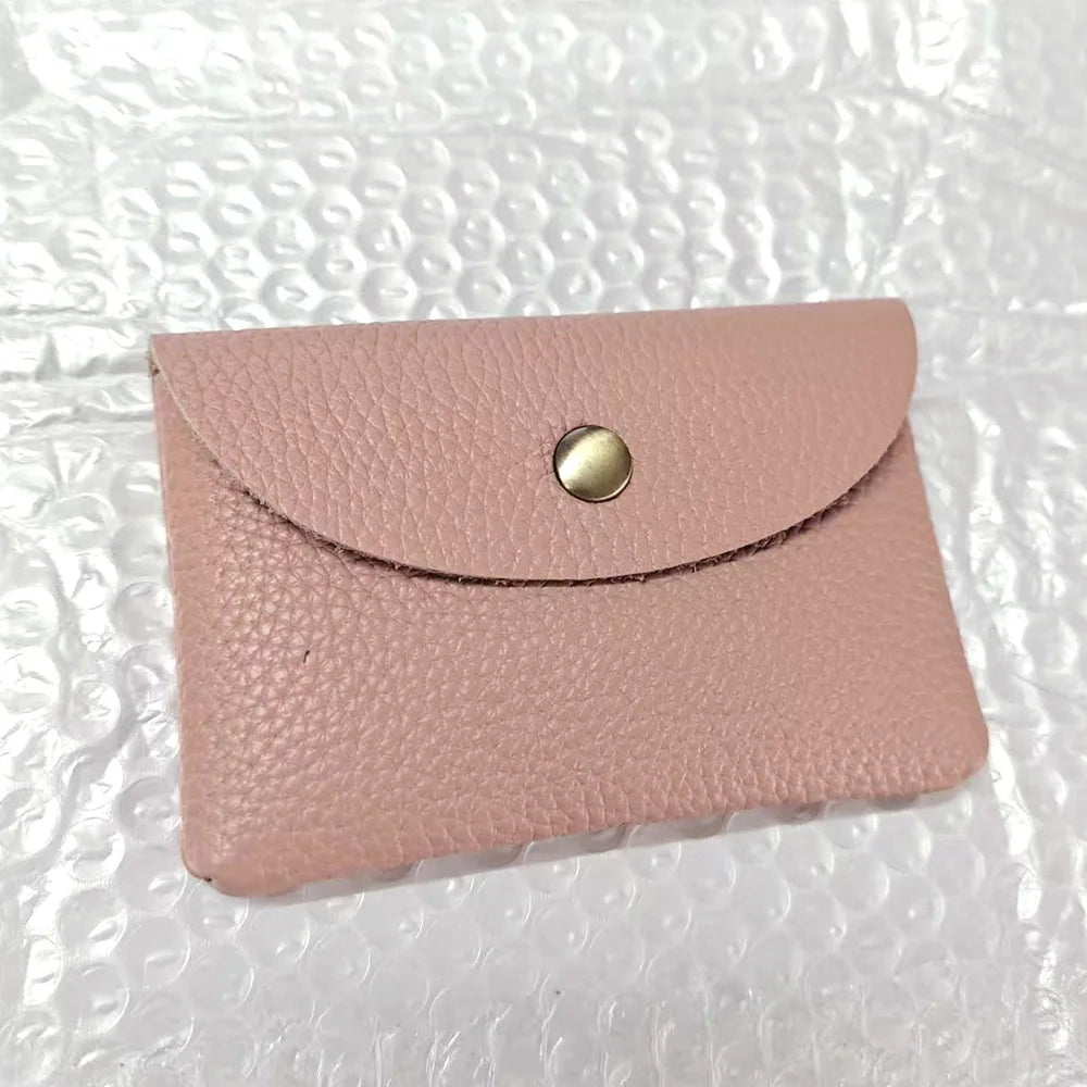 Pink genuine leather card holder with flap, brass snap, mini envelope style