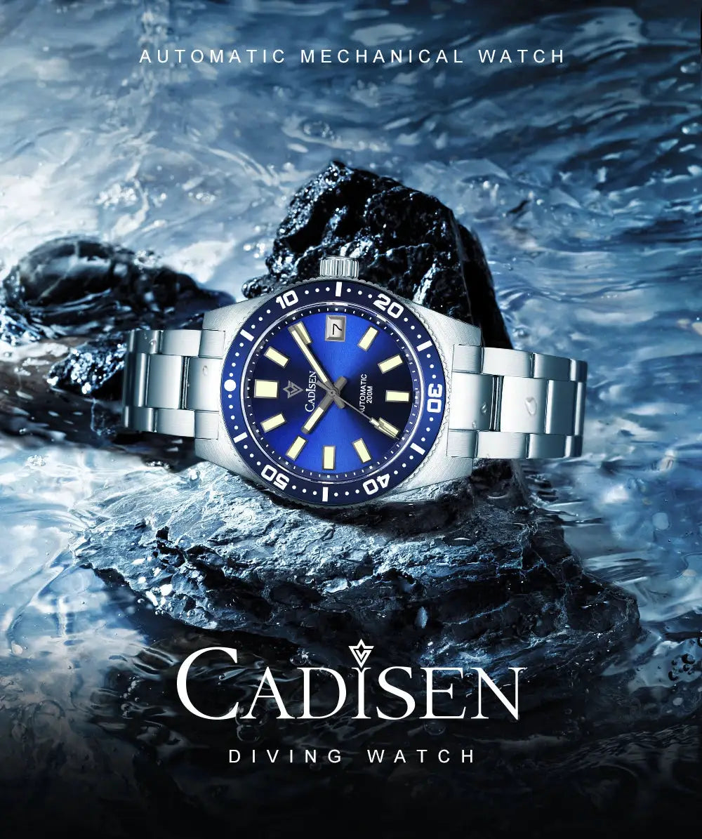 Cadisen 38mm Diver Men's Watch with blue dial, luminous markers and stainless steel bracelet