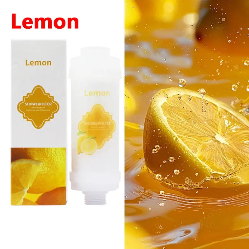 Lemon-scented shower filter cartridge and box, white with yellow label and lemon imagery