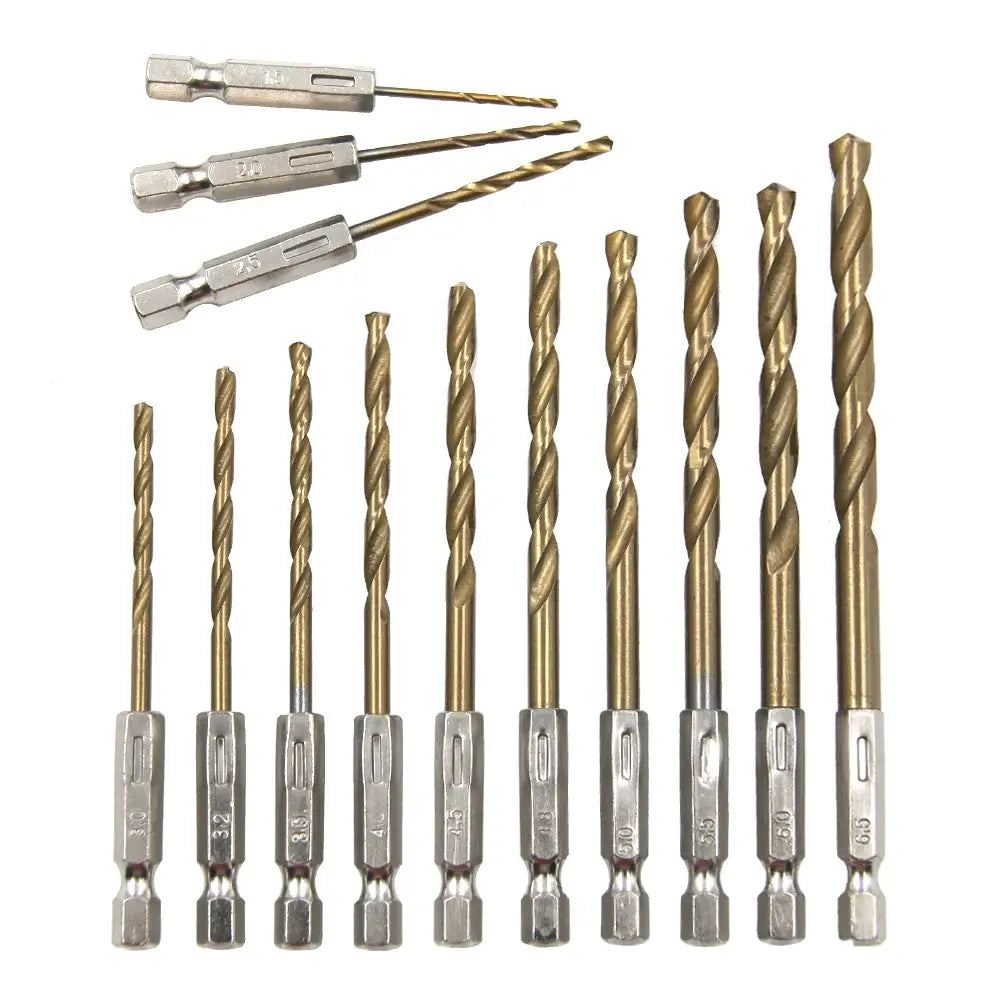 13-Piece Titanium Plated Twist Drill Bit Set With Hexagonal Handle 1.5-6.5mm For Wood Plastic Aluminum Iron
