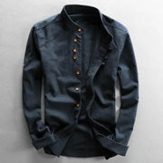 Simples Market men's Japan-style linen-cotton shirt with stand collar, long sleeves, slim fit, dark navy with brown buttons.