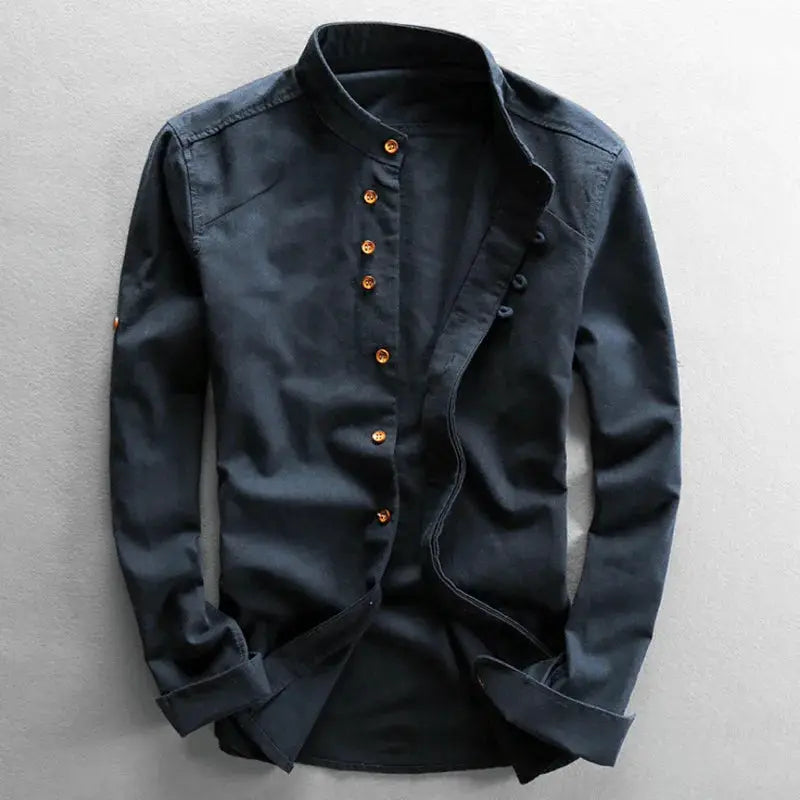 Simples Market men's Japan-style linen-cotton shirt with stand collar, long sleeves, slim fit, dark navy with brown buttons.