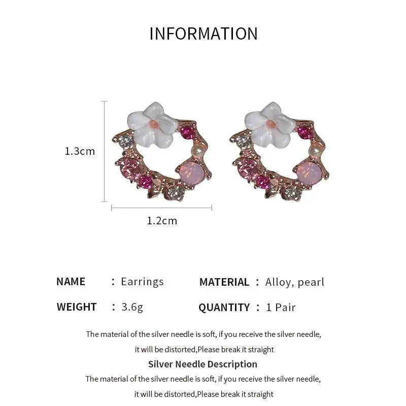 Colorful flower earrings with imitation pearl geometric studs, alloy metal, two-piece pair
