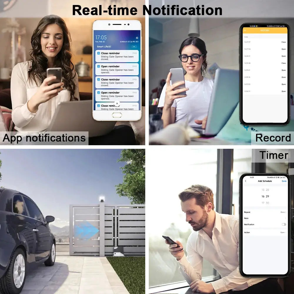 Simples Market LoraTap Tuya smart gate opener with articulated arm; four-panel collage shows real-time notifications.