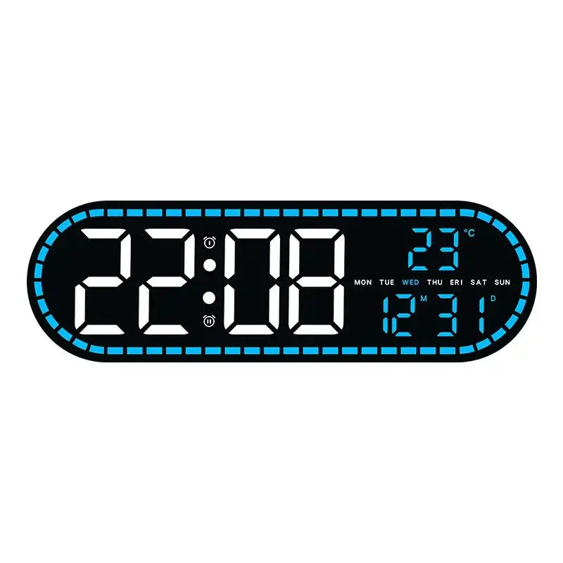 Simples Market digital LED wall clock with two alarms, blue edge, temp, date and weekday display