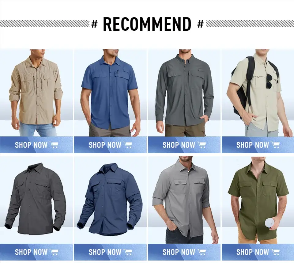 Men's outdoor shirts and vests collage, 12 options in beige, blue, gray, and green.