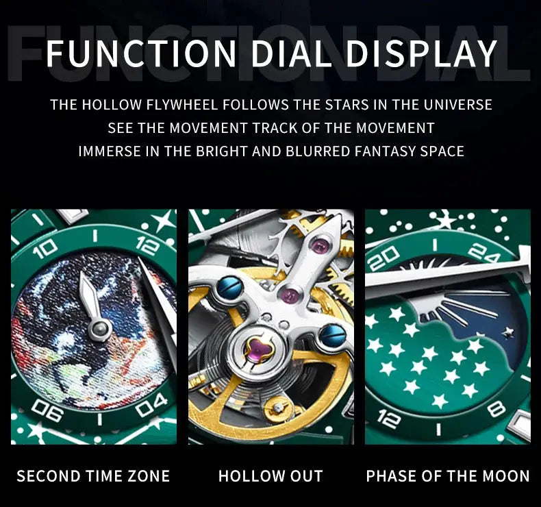 OLEVS Flywheel Skeleton automatic watch for men; luminous starry-sky dial, with second time zone and phase moon.