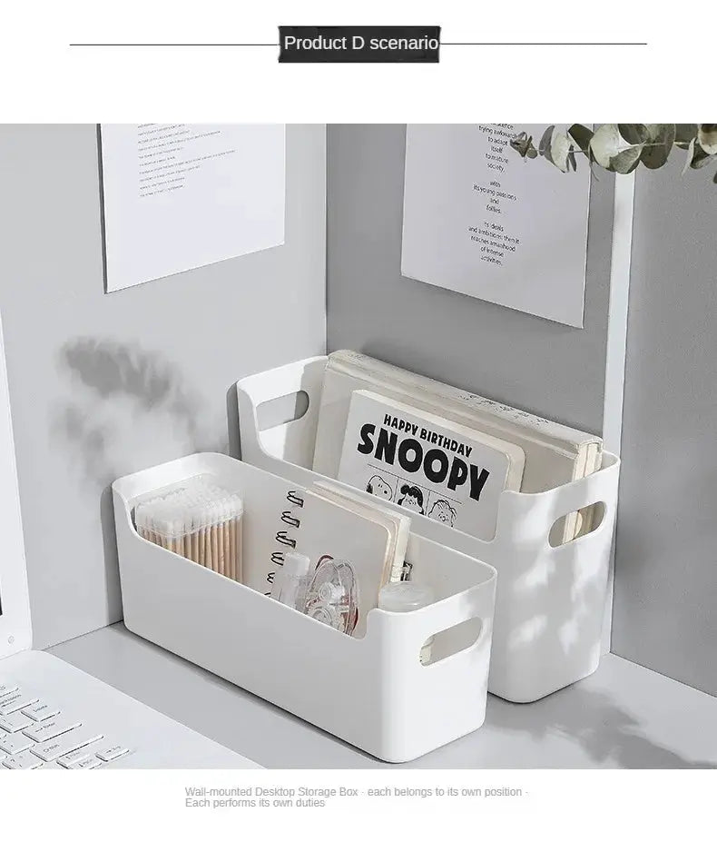 White wall-mounted desktop storage boxes; two organizers with side handles for kitchen or office use.