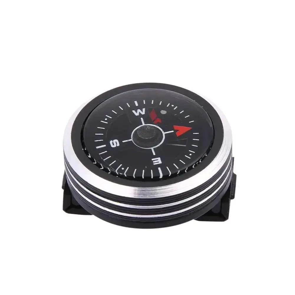 1pc mini watch-strap button compass, black dial with white markings and silver bezel for outdoor survival