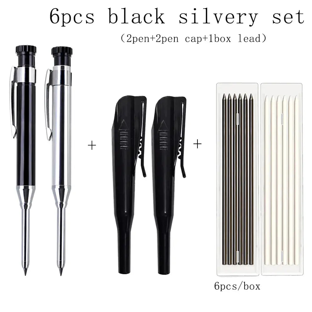 Simples Market 6pc metal carpenter pencil set with built-in sharpeners; includes two pens, two cap sharpeners and 2.8 mm leads