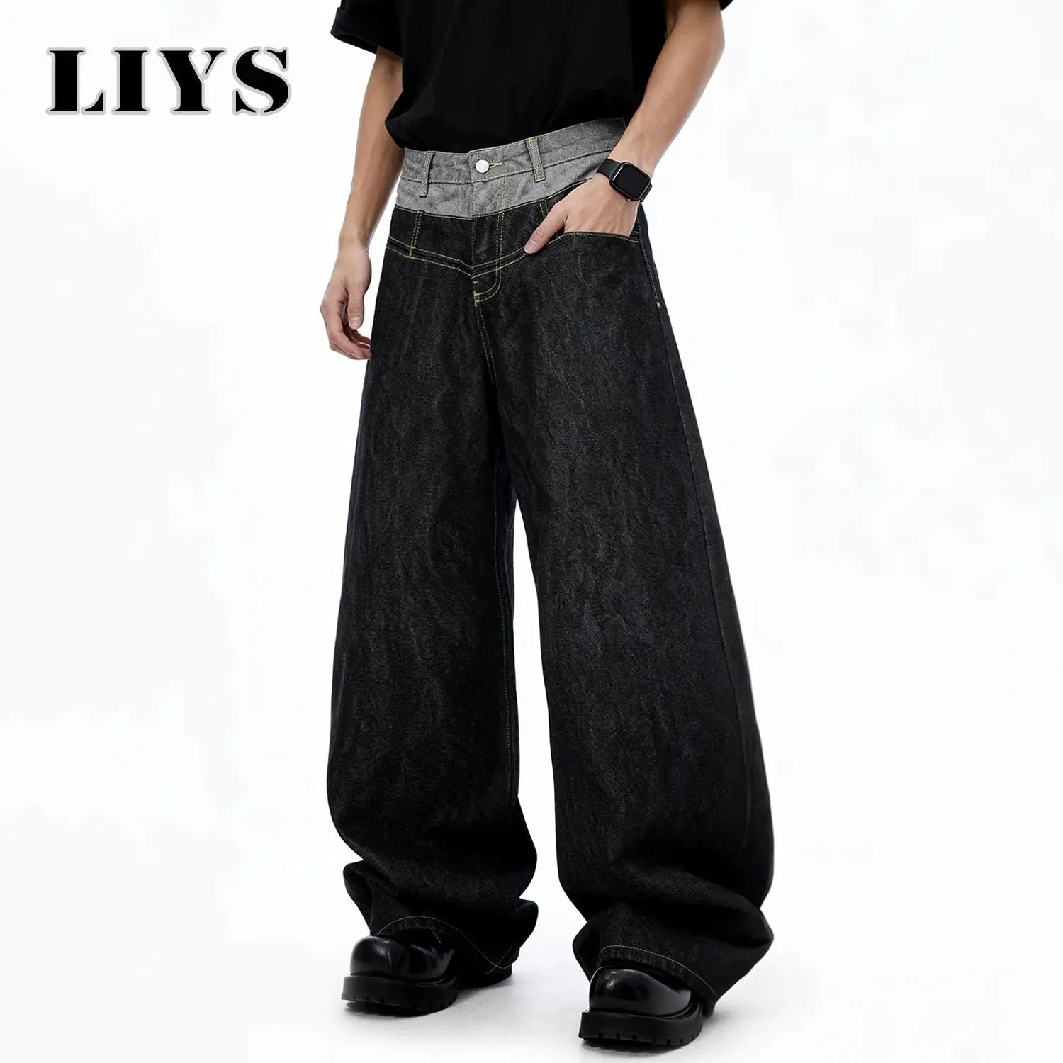 LIYS men's retro baggy wide-leg denim jeans with double grey waistband, black wash