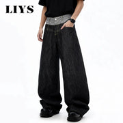 LIYS men's retro baggy wide-leg denim jeans with double grey waistband, black wash