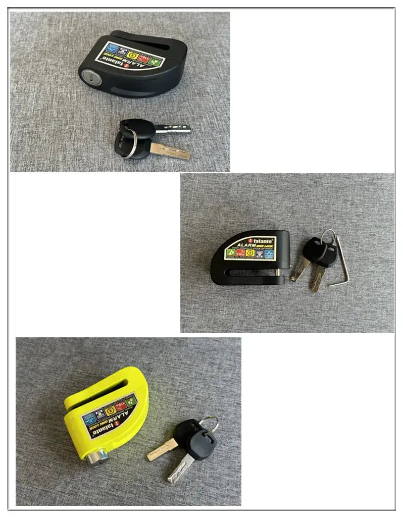Falante alarm disc lock for motorcycle/bicycle; aluminium alloy, waterproof with keys and bracket; black or yellow
